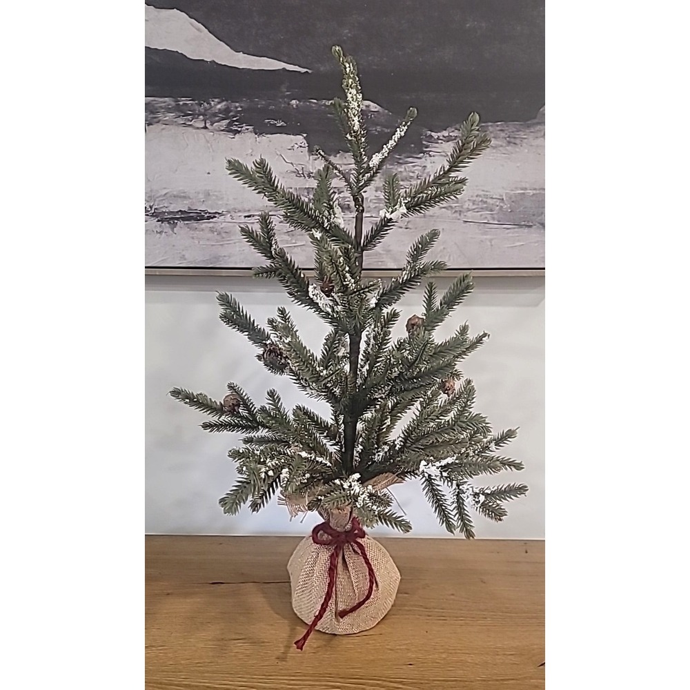 23"H Artificial Tabletop Realistic Branch Snowy Christmas Tree-Tied Burlap Base